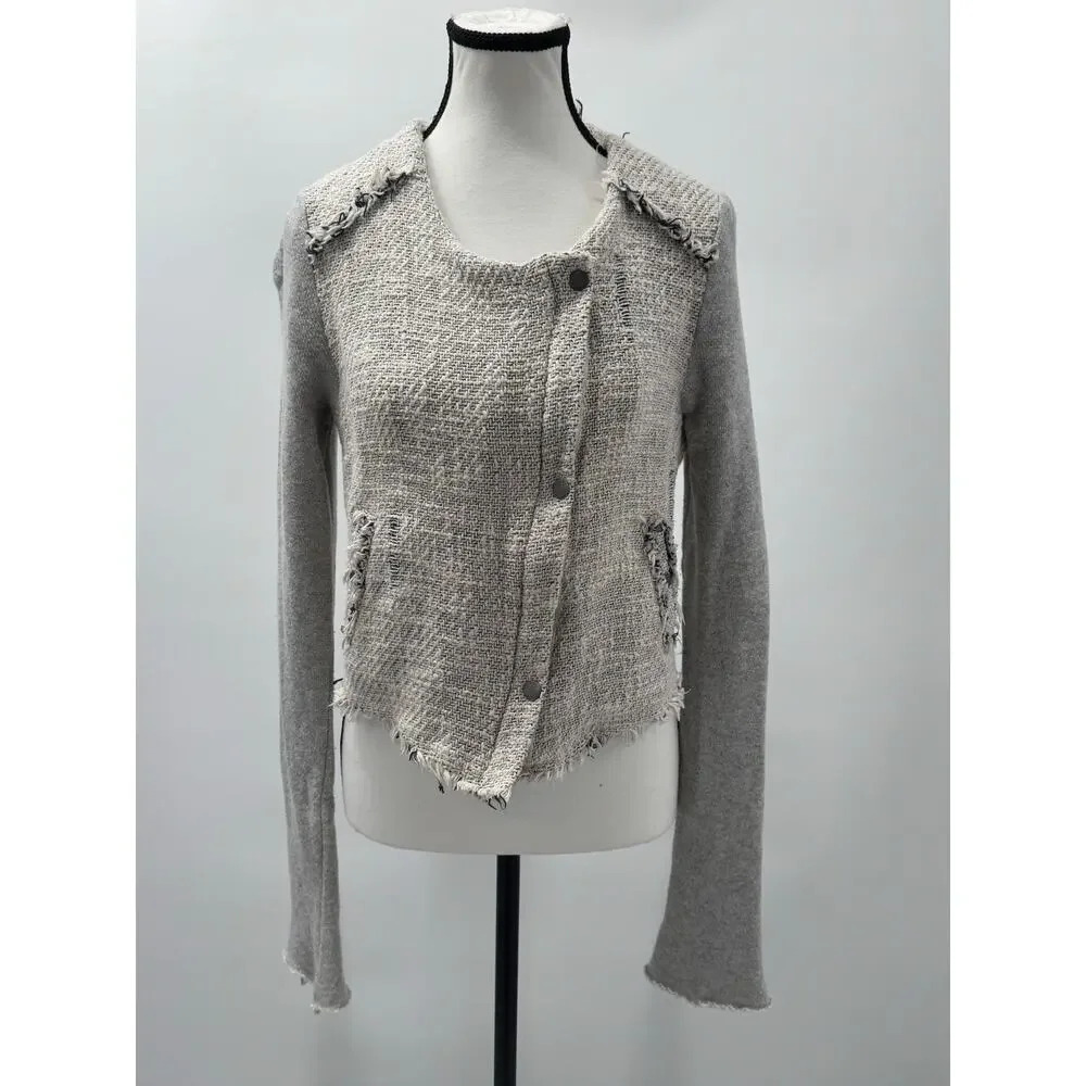 We The Free Women's Gray Tweed Crop Moto Jacket Frayed Hem 100% Cotton Size 6